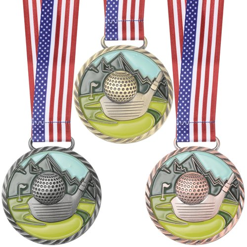Huquary 3 Pcs Golf Color Medal Gold Silver Bronze Golf Ball Award Medals with Neck Ribbon for Kids Adults Sports Tournament