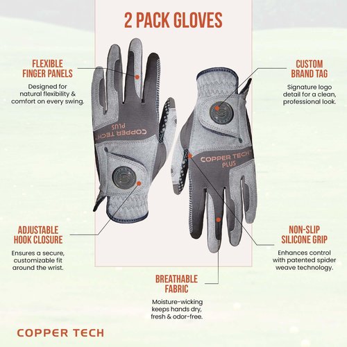 Copper Tech Plus Copper Infused Golf Glove for Men ??Charcoal/Grey (Combi) ??2 Pack ??Compression Fit, Arthritis Relief, Non-Slip Grip ??USGA Approved - Left Hand/One Size
