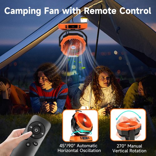 Sireck Camping Fan Rechargeable Portable Fan, 40000mAh Battery Powered Fan with LED Light, 6 Wind Speeds Cordless USB Desk Fan for Tent, Travel (Orange)