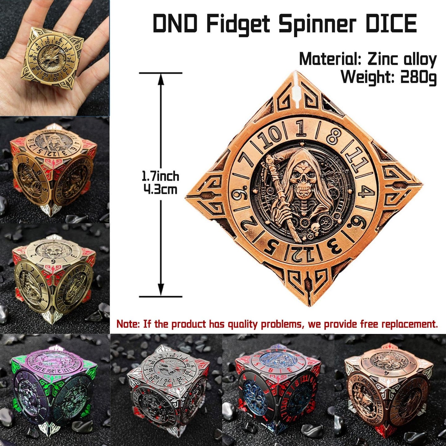 2025 New DND Fidget Spinner Dice 7-in-1 Metal DND Dice Cube 6-Sided Rotating Polyhedral Dice Tabletop RPG Accessory for DMS and Player Best Gifts Unique 3D Mechanical Rotating D&d Dice(Gold)