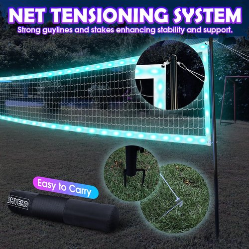 OHYEMO LED Volleyball Net Set, 32x3FT Light Up Volleyball Net Set with Adjustable Height Poles, Carry Bag & Remote, Glow in The Dark Heavy Duty Badminton Volleyball Net Set for Backyard Outdoor Game