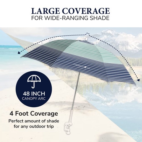 CARIBBEAN JOE Clamp On Umbrella for Beach Chair, Adjustable and Universal, UV Protection, 48 Inch Arc, Horizon Stripe