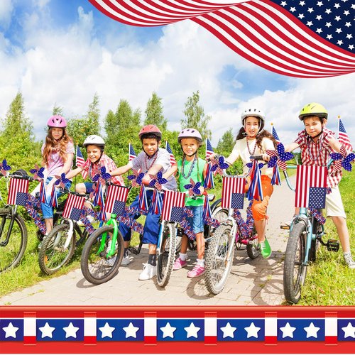 Liliful 60 Pcs 4th of July Bike Decoration Kits Parade Patriotic Decor Bike Streamers Bicycle Ribbon Tassels American Flag with Pole Blue Pinwheels Decoration for Bicycle Parade Party Favors
