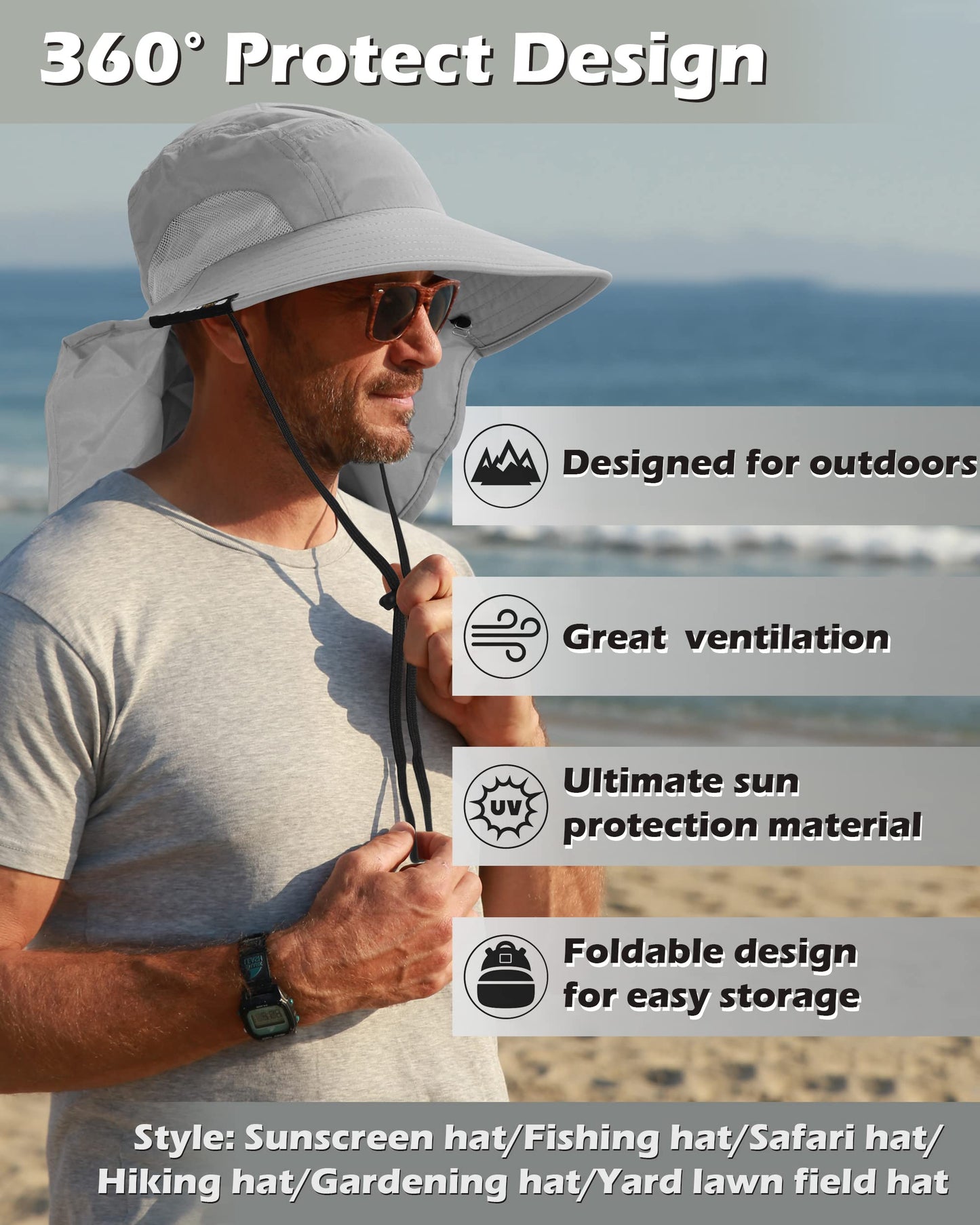 Tirrinia Neck Flap Sun Hat, Wide Brim Hiking Safari Fishing Hat for Men&Women, Breathable Outdoor Sun Protection Hat for Summer Adventures Gray