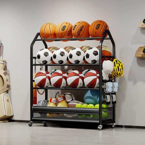Homeiju Sports Equipment Organizer, Ball Storage Rack, Garage Sports Gear Rack with Wheels and Hooks, Indoor/Outdoor Shelf Rack for Sports Gear, Black