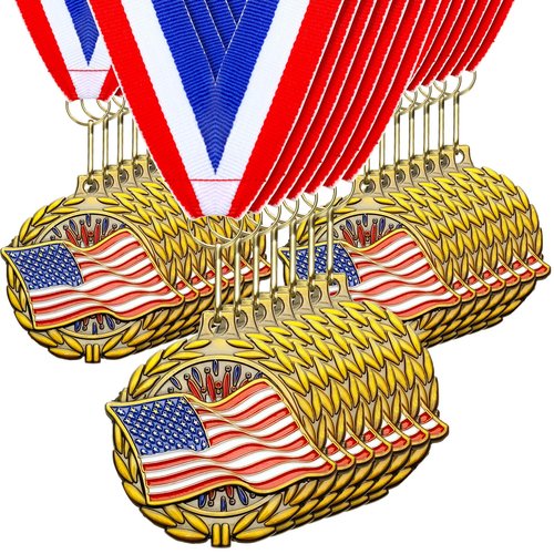 Loetere 30 Pack Gold Patriotic Medals 2'' American Flag Medals Bulk Trophy with Neck Ribbons Spirit Medallion with Stars Stripes USA Flag Independence Day Awards for Participation Prize Winner Gift
