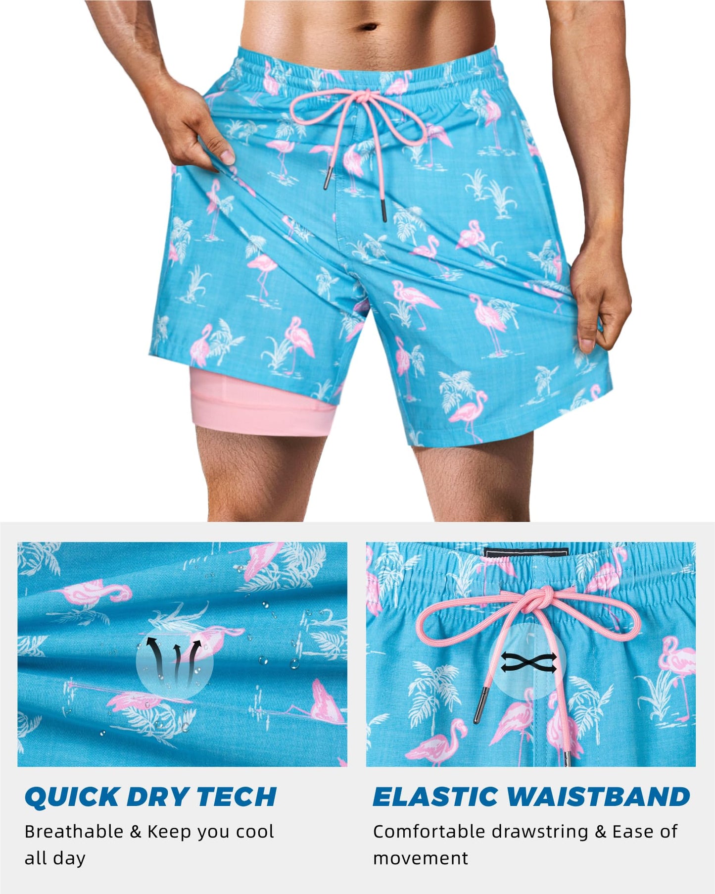 SURF CUZ Mens Swim Trunks with Compression Liner Quick Dry Swim Shorts 7" Swimming Trunks Stretch Zipper Pockets,Flamingo-Green,L