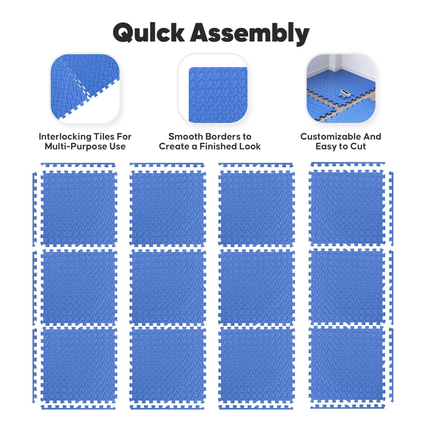 32 Pack Home Gym Mat, Puzzle Exercise Mat,EVA Interlocking Foam Floor Tiles for Home Workout Equipment and Kids' Play Areas - Blue, 24 in x 24 in x ½ in - 32 Tiles (Blue, 32 Pack 128 sq ft)