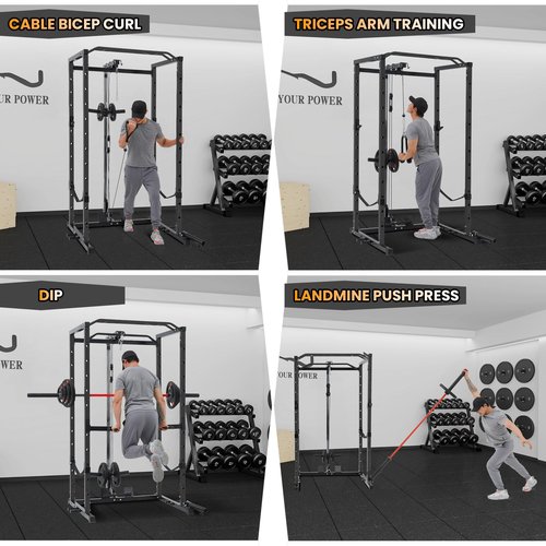 Power Cage with LAT Pulldown, Multi-Functional Power Rack with Cable Pulley System and J-Hooks, Squat Rack with Dip Bars and Landmine Attachment, Weight Cage for Home Gym Equipment (Black)