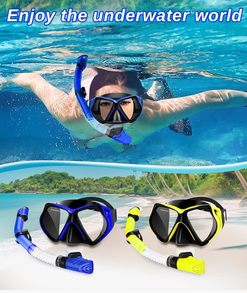 Snorkeling Gear for Adults Set & Dry Snorkel Set, 180° Panoramic Wide View Scuba Mask and Snorkel, Leak Proof Anti-Fog Swim Diving Mask for, Snorkeling, Swimming, Diving(Black Blue)