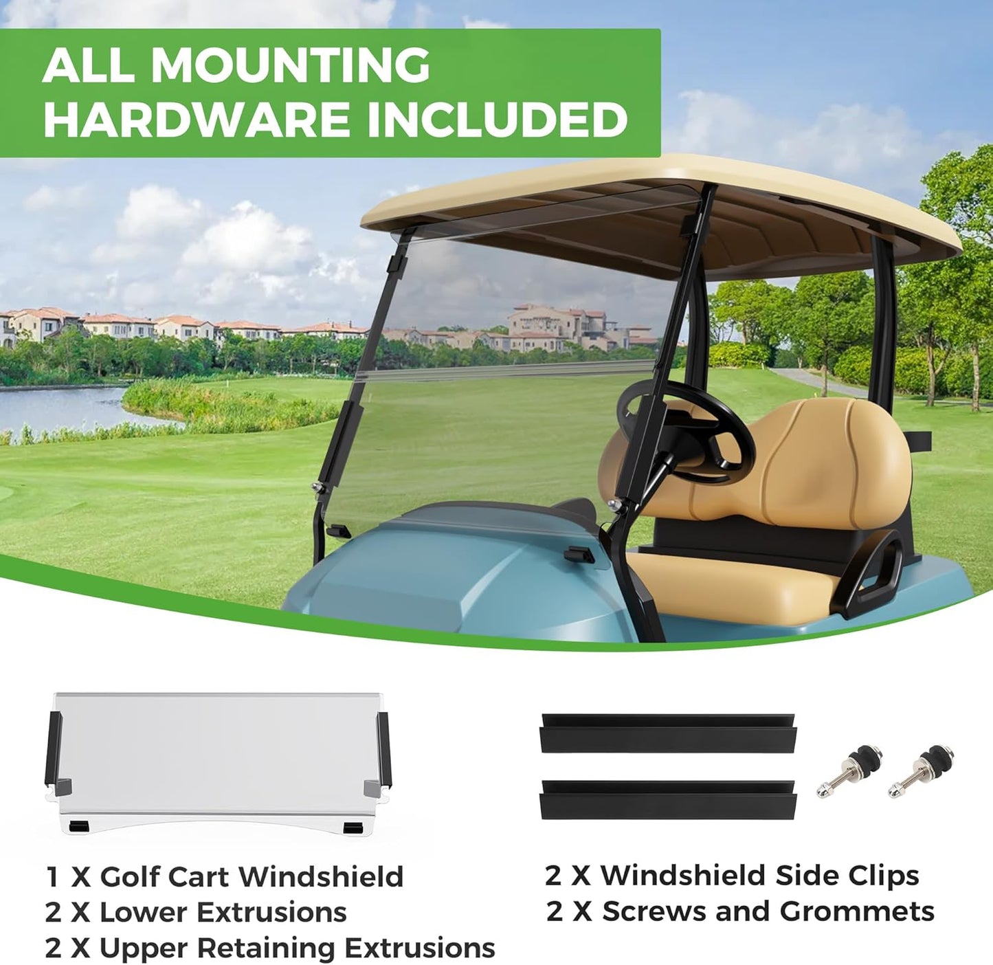 10L0L Golf Cart Windshield for Club Car Precedent 2004-Up, Tempo, 2017-Up Onward, Clear/Tinted Fold Down Club Car Windshield Anti-UV Impact Resistant - 37.5"W X 33.6"H