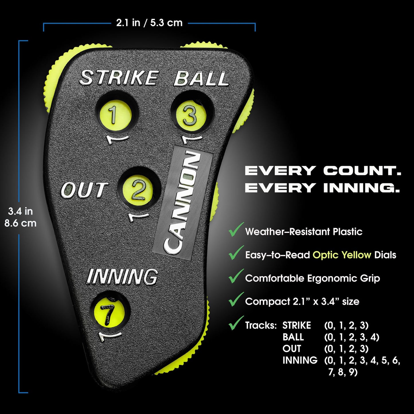 Cannon Sports 4 Wheel Umpire Indicator - Optic Yellow Dials for Counting Strikes, Balls, Outs, Innings - Essential Softball Baseball Umpire Clicker (Black with Optic Yellow Dials, 1 Pack)