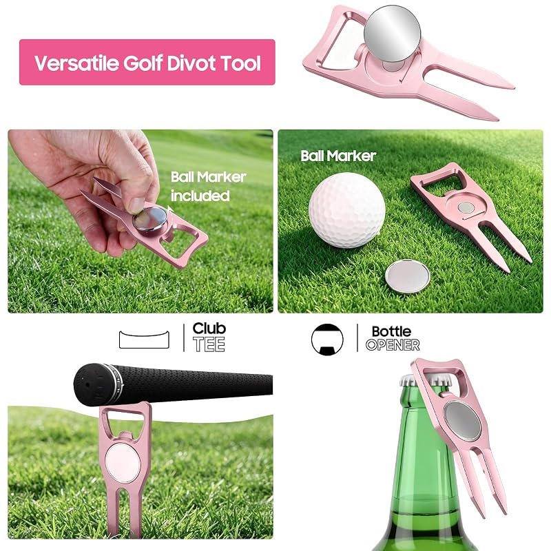 Pink 17 Pcs Golf Accessories Kit with Towel, Tees, Ball Marker, Divot Tool, Cleaner & Gift Box