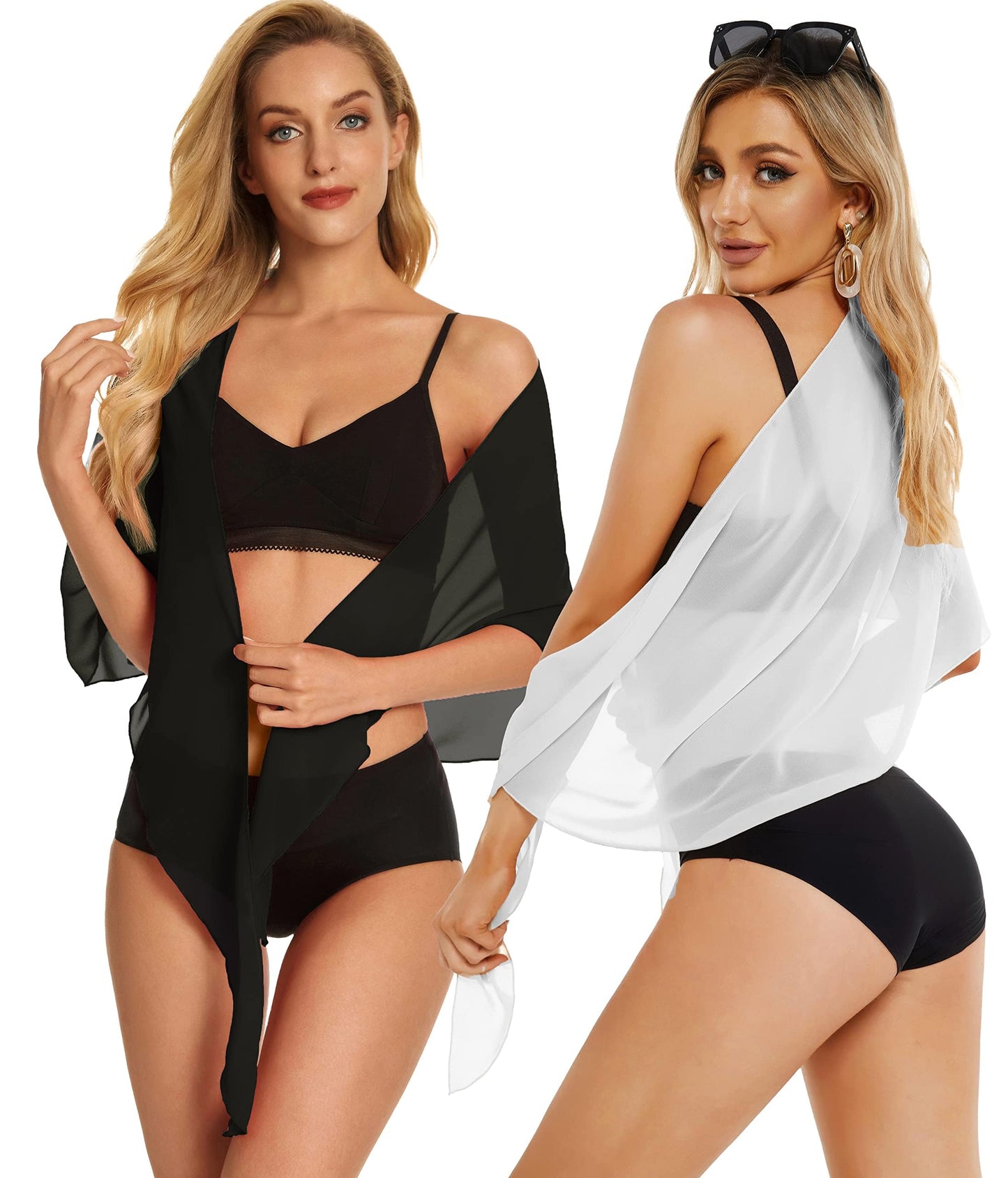 2 Pieces Sarong Cover Ups for Women Beach Bathing Suit Wrap Sheer Short Skirt Bikini Chiffon Scarf for Swimwear (Black and Green Blue)