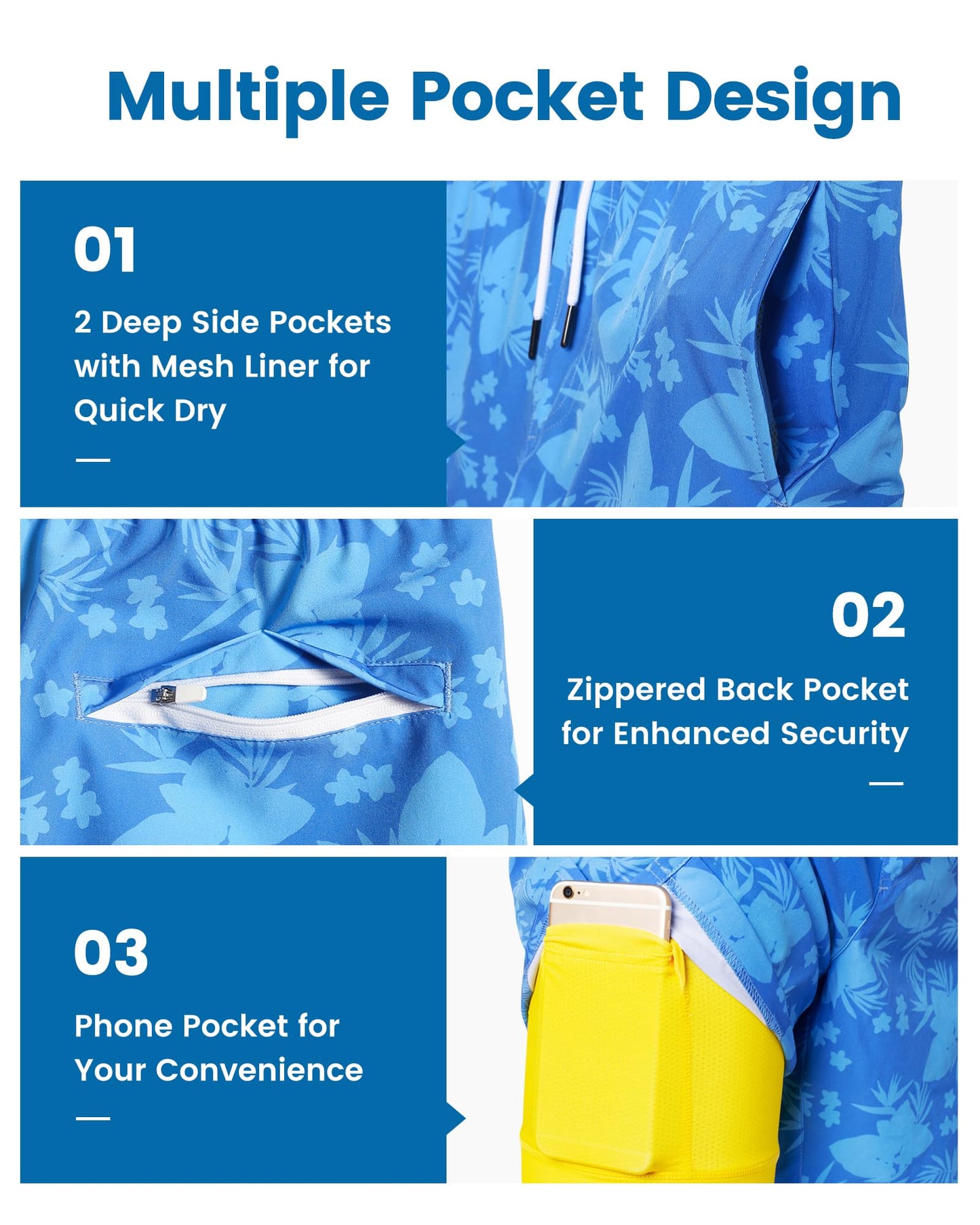 maamgic Mens Swim Trunks with Compression Liner 7 Inch Inseam Mens Bathing Suit Quick Dry Swimming Trunks Swimsuit Flower Blue Yellow Large