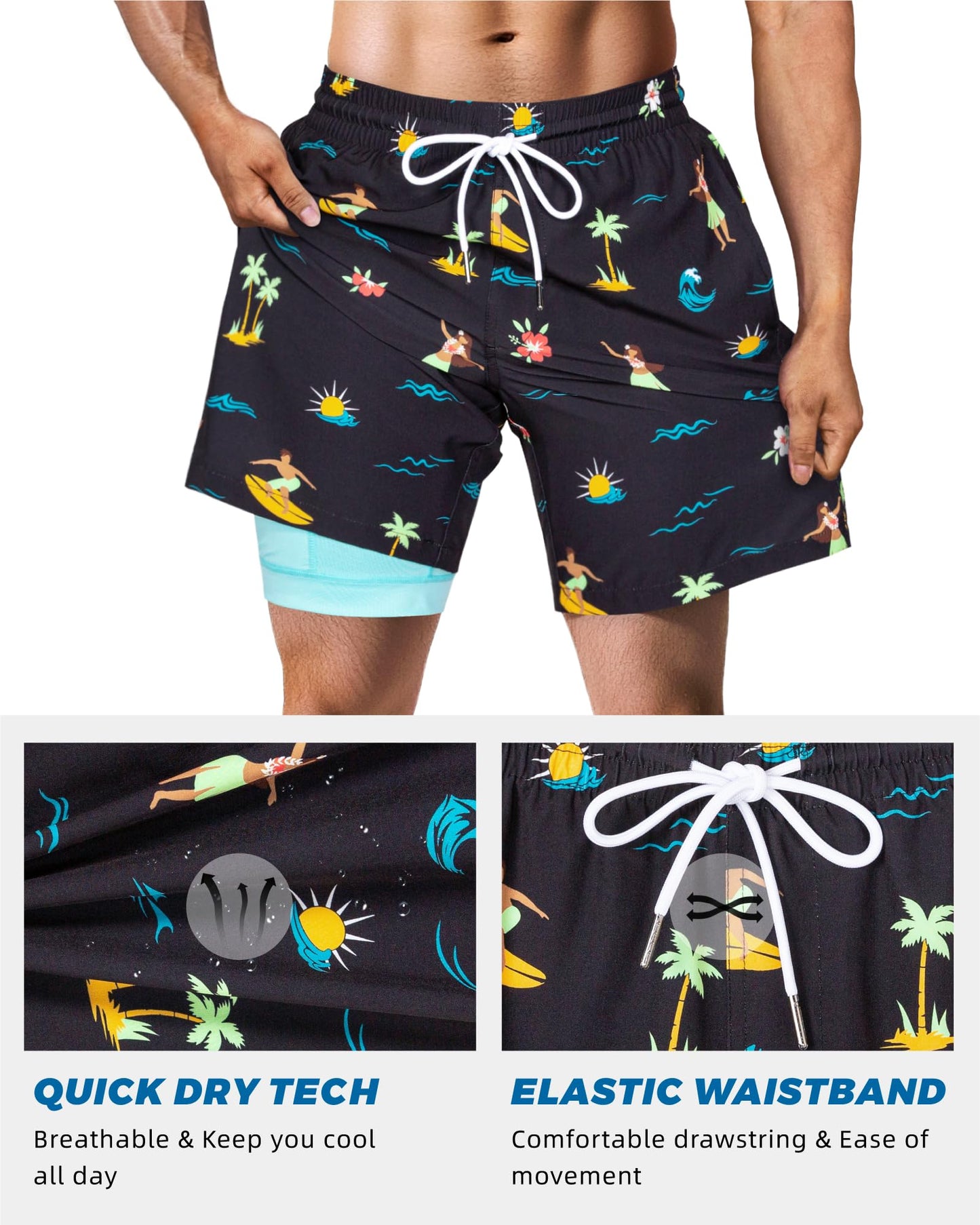SURF CUZ Mens Swim Trunks with Compression Liner Quick Dry Swim Shorts 7" Swimming Trunks Stretch Bathing Suit 7 Inch,Hawaii Trip,M