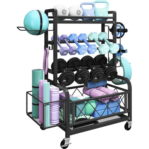 Yaheetech Weight Plate Rack Home Gym Yoga Mat Holder, Metal Dumbbell Rack Stand Fitness Equipment Storage with Hooks & Wheels for Kettlebells/Yoga Ball, Black