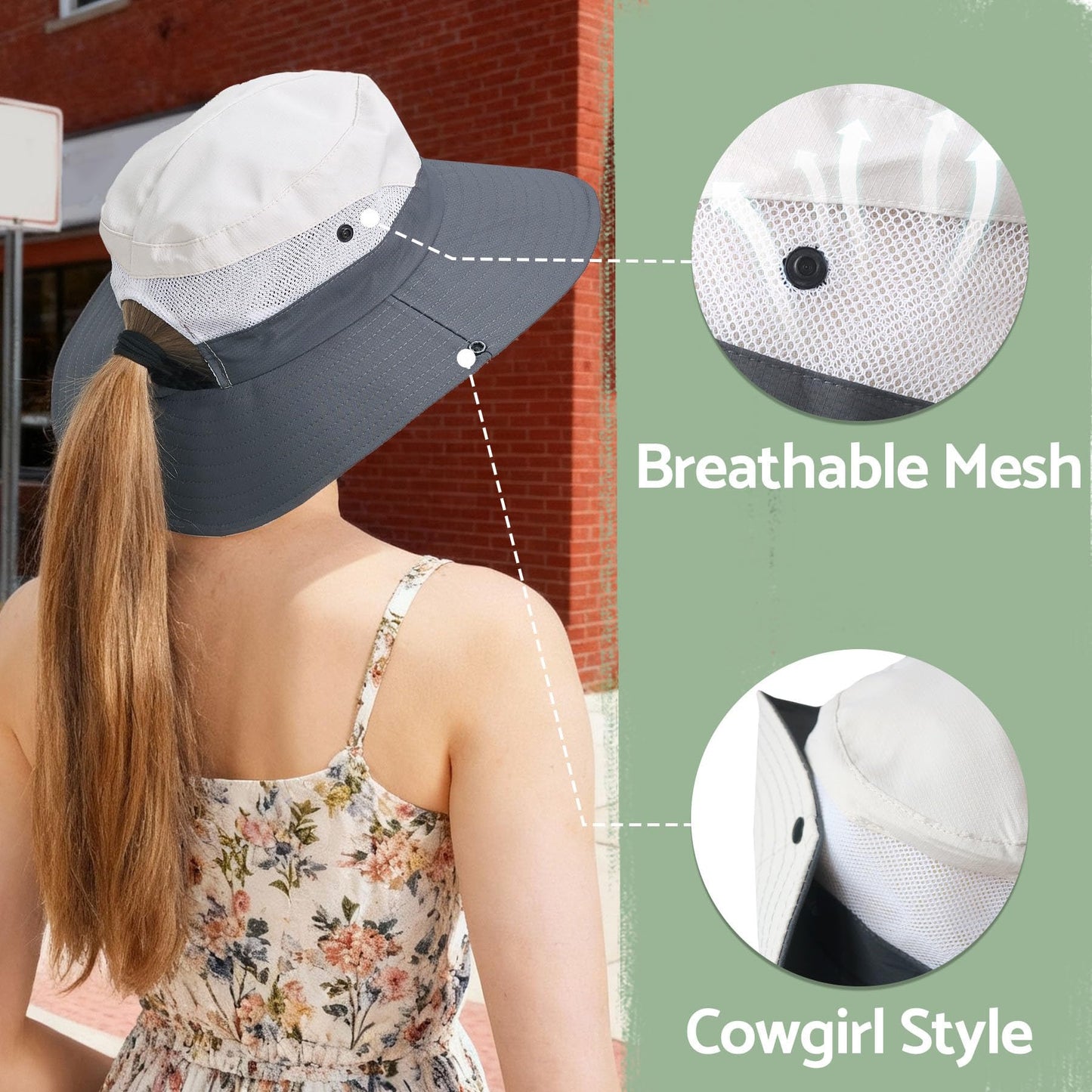 NPQQUAN Ponytail Sun Hats for Women UPF 50+ Wide Visor UV Protection Packable Hat for Beach Hiking Gardening Pink/Grey