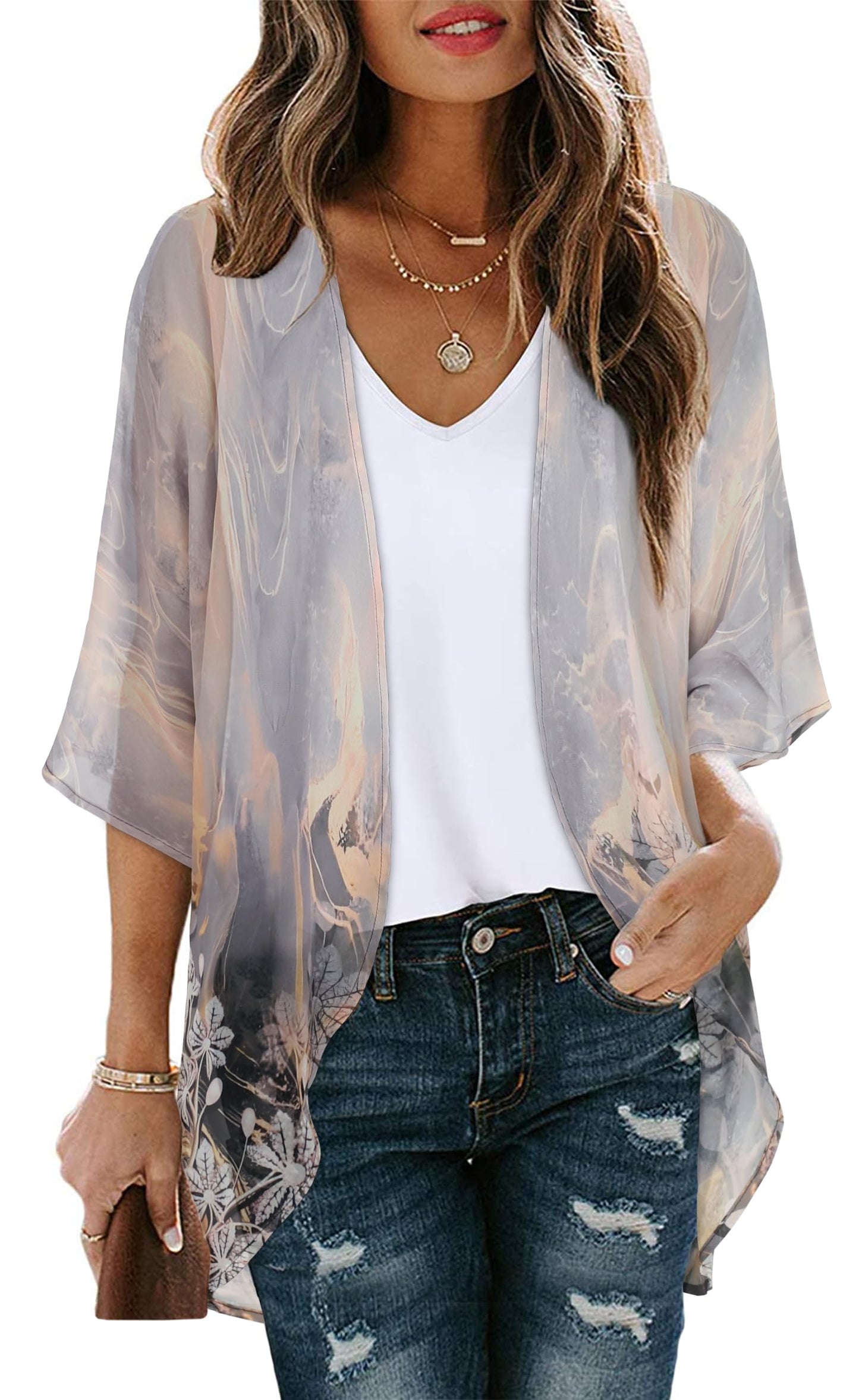 Women's Floral Print Puff Sleeve Kimono Cardigan Loose Cover Up Casual Blouse Tops (Grey Gold Floral,5XL)