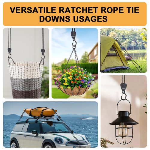 Ayaport Rope Tie Down Ratchet Kayak Straps with Safety Lock S Hook 1/4" x 14' Heavy Duty Pulley Rope Hanger Tarp Tent Tie Downs
