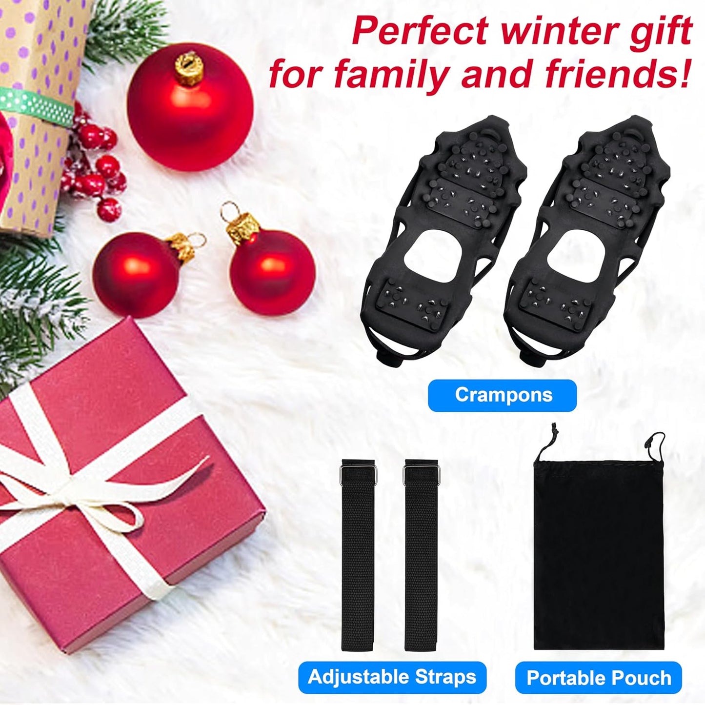 Ice Cleats for Shoes and Boots, Non Slip Ice Shoes Grippers 28 Studs Snow Cleats Crampons for Women Men Ice & Snow Cleats with Adjustable Straps for Winter Hiking Walking Ice Fishing