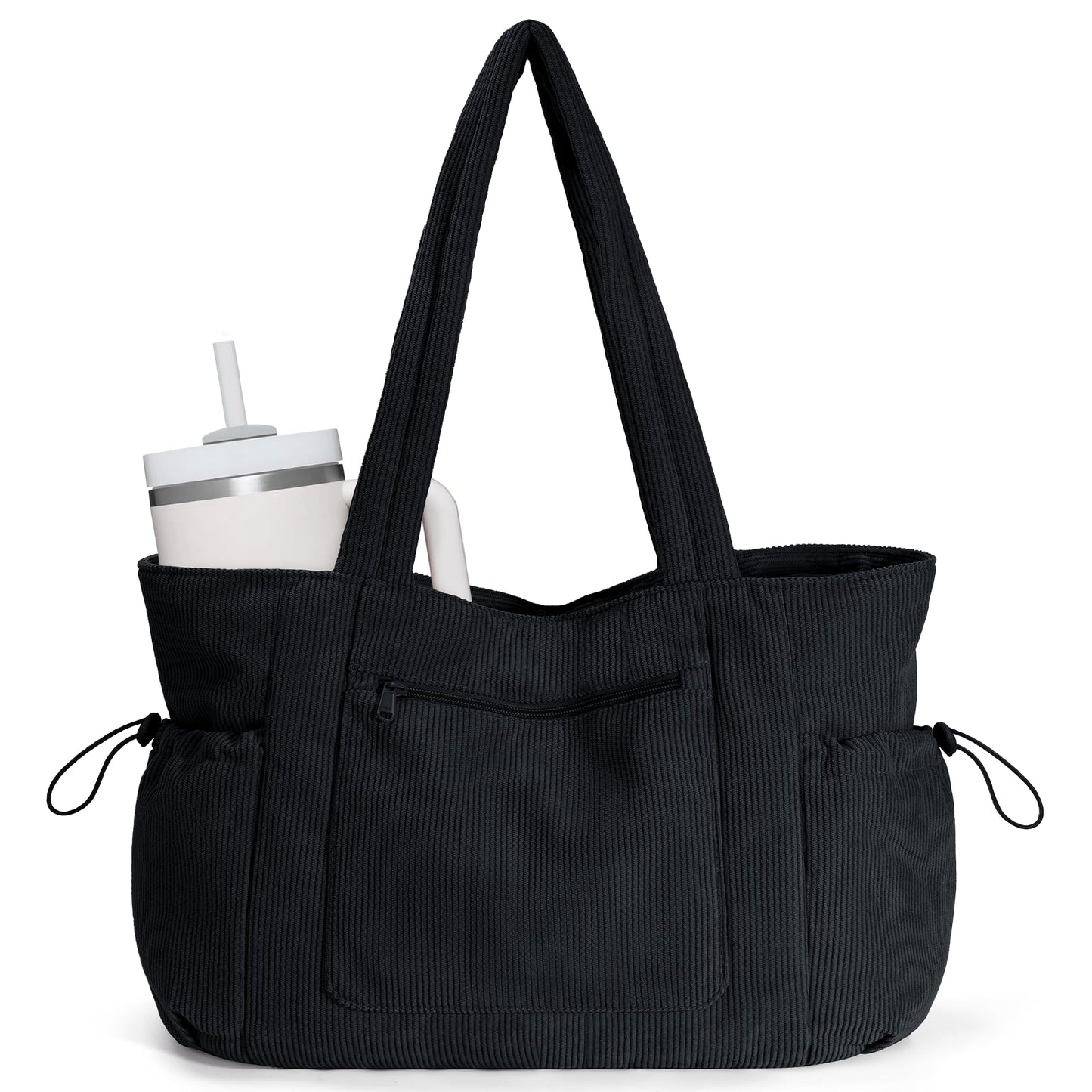ECOHUB Oversize Work Tote Bag for Women with 40oz Cup Holder Corduroy Laptop Tote Teacher Nurse Bag for Office College Travel Black