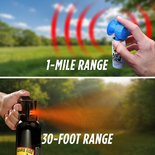 Guard Dog Security Pepper Spray Self Defense and Air Horn, Maximum Strength Self Defense Tool with UV dye and Loud Air Horn for Outdoor and Personal Safety