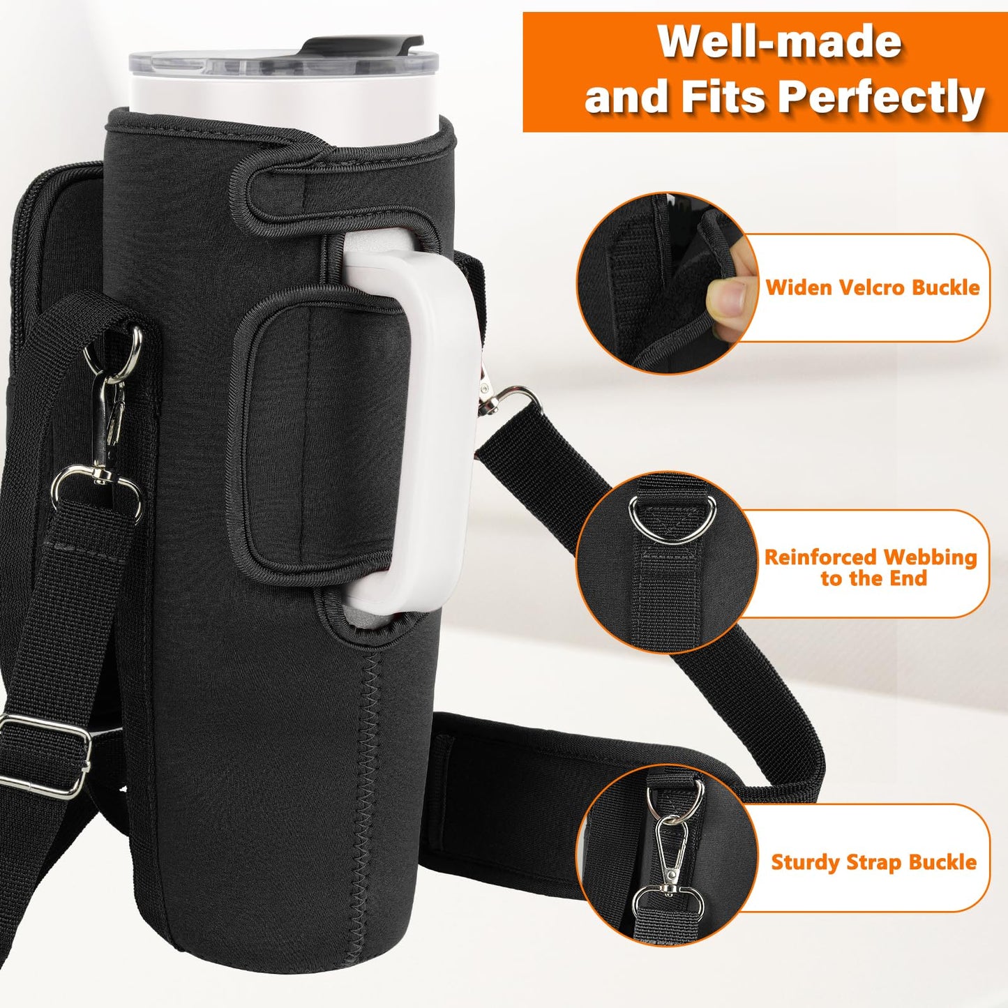 Water Bottle Carrier Bag with Phone Pocket Compatible with Stanley/Meoky 40 oz Tumbler with Handle,Water Bottle Holder Pouch with Adjustable Strap Compatible with Stanley Cup Accessories,Black