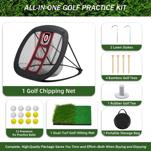 Golf Chipping Net Set with Mat & 12 Practice Balls – All-in-One Golf Training Kit – Portable, Easy Setup for Backyard & Indoor Use – Great Gift for Golfers, Kids, and Beginners