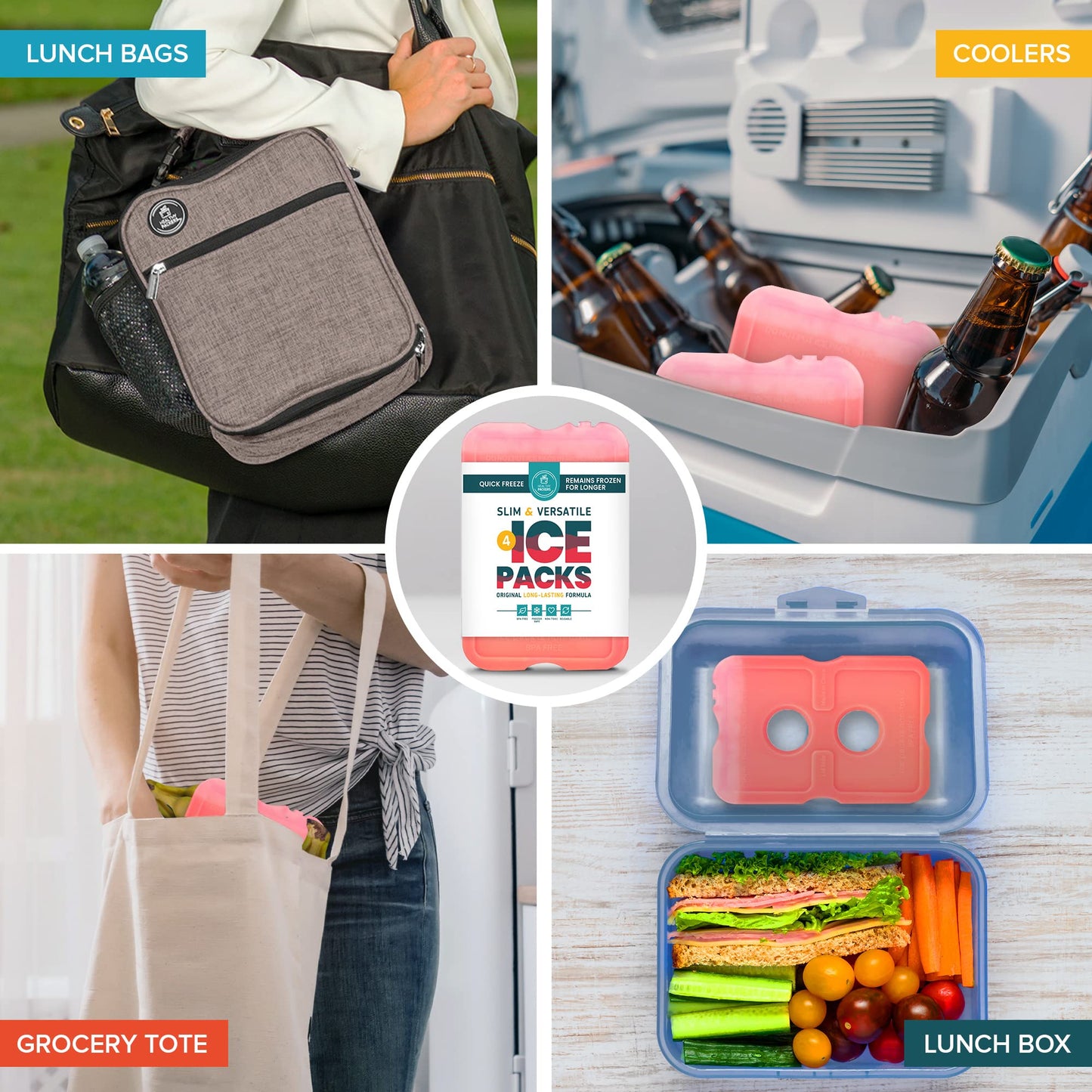 Healthy Packers Reusable Ice Packs for Lunch Bags and Coolers (Set of 4) - Slim & Long Lasting Freezer Packs for Lunch Box - Ideal Cool Pack for Lunchbox, Cooler, Cooler Bag (Red)