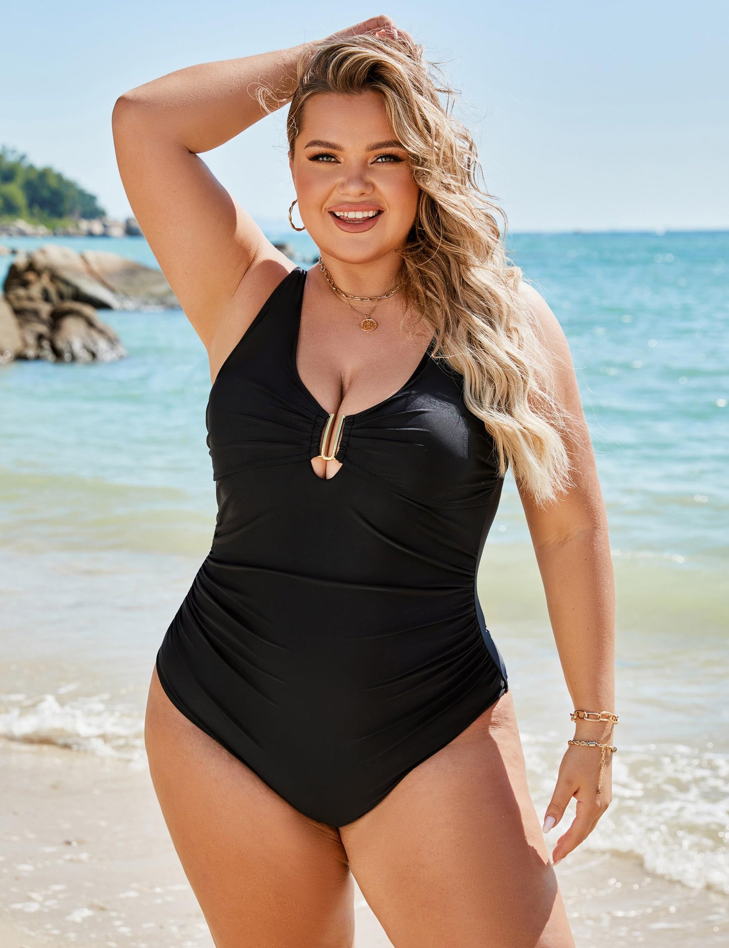 BMJL Women's Tummy Control Swimsuits Ruched Slimming One Piece Bathing Suit Deep V Neck Swimsuit(L,Black)