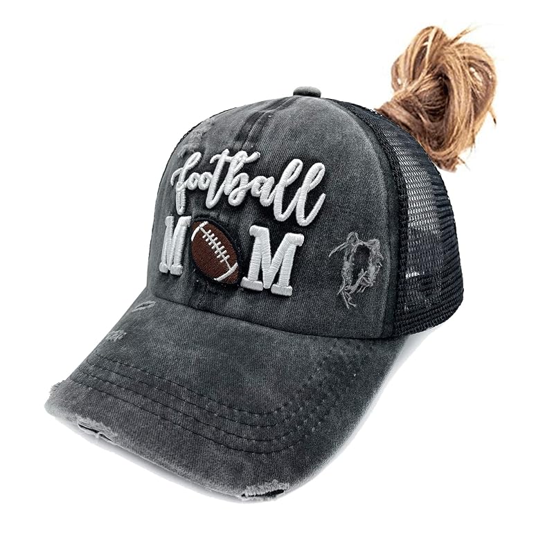 Football Mom Distressed Ponytail Trucker Hat for Women - Black