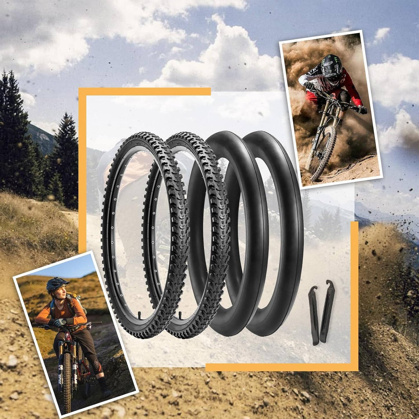 Hycline Mountain Bike Tires Set: 2-Pack 20/24/26x2.125 Inch Folding Replacement High-Density Bicycle Tires and Pair Inner Tubes with Tire Levers Compatible for Street & Off-Road Riding