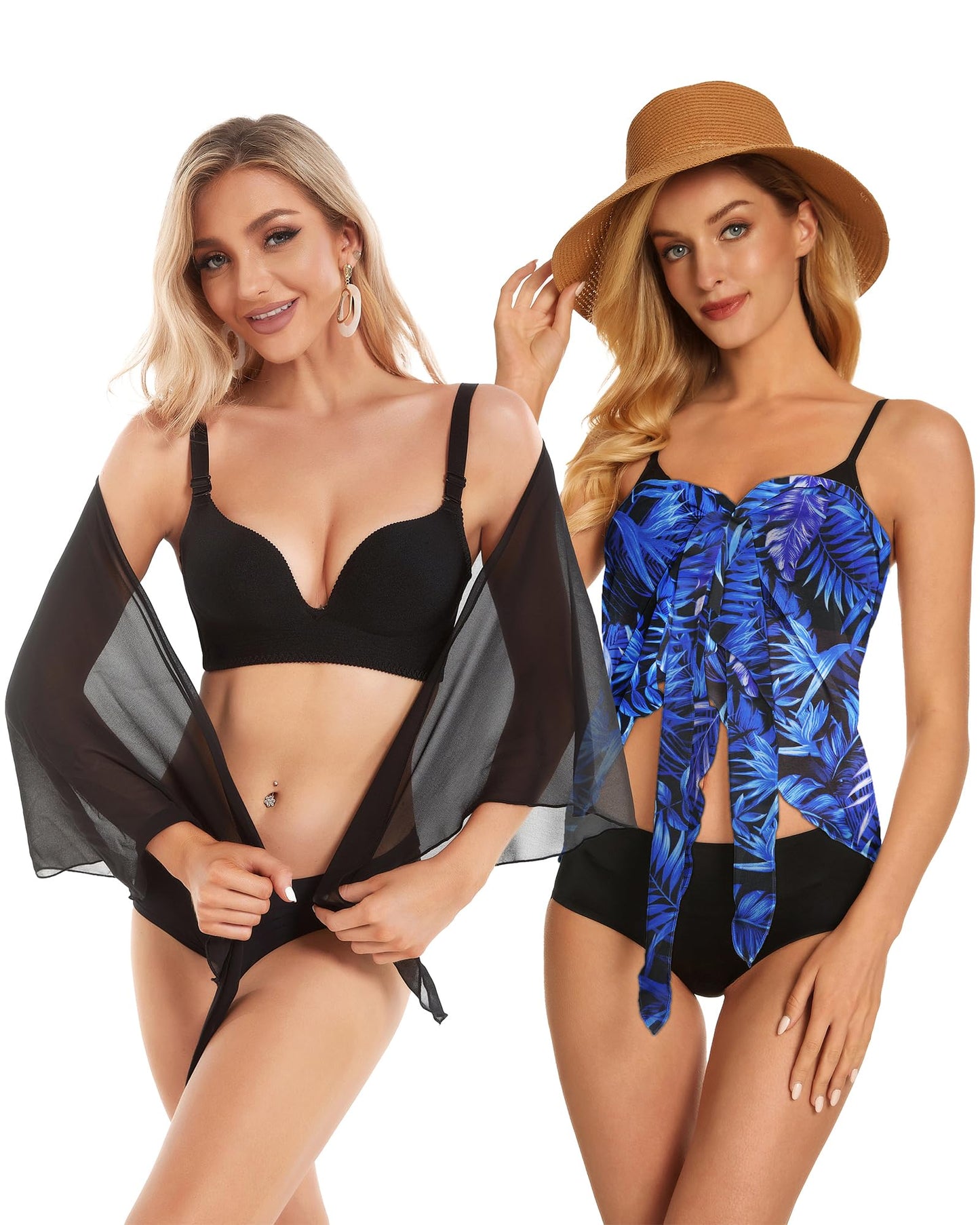 2 Pieces Sarong Cover Ups for Women Beach Bathing Suit Wrap Sheer Short Skirt Bikini Chiffon Scarf for Swimwear (Black, Blue Leaves)