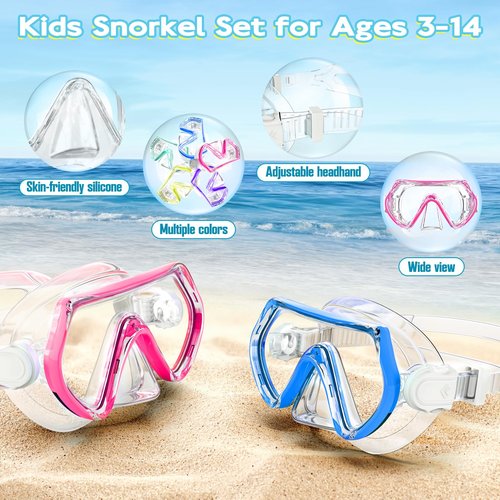 Kids Snorkel Set, Unisex Kids Swimming Goggles, Anti-Fog Diving Mask and Dry Top Snorkel Combo Set for Kids 3-14 (Blue+Pink)