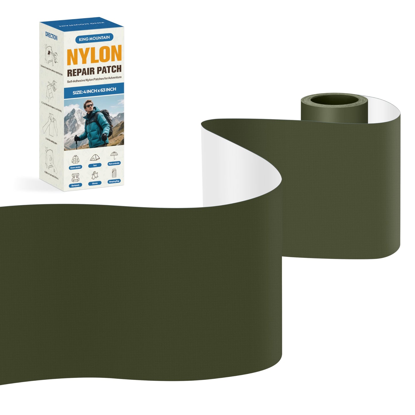 KING MOUNTAIN Self Adhesive Nylon Fabric Repair Tape, 4×63 Inches, Quick Down Jacket Repair Patch, Waterproof Outdoor Gear Patch Kit for Tent,Backpacks,Umbrella, Gloves, Sleeping Bag (Army Green)