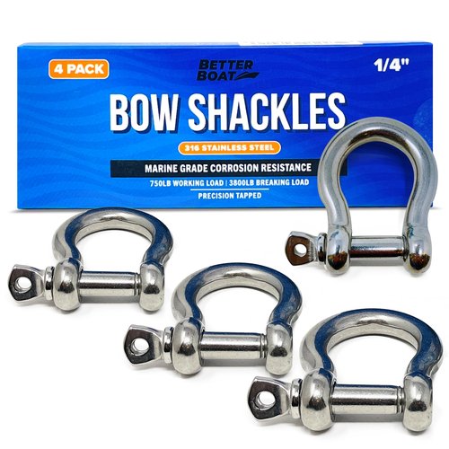 Premium Stainless Steel D-Ring Shackles, Marine Grade, 4-Pack, 1/4" Mini Bow or Clevis Anchor Shackle for Boat, Sailboat, Chain, Rigging Clasp