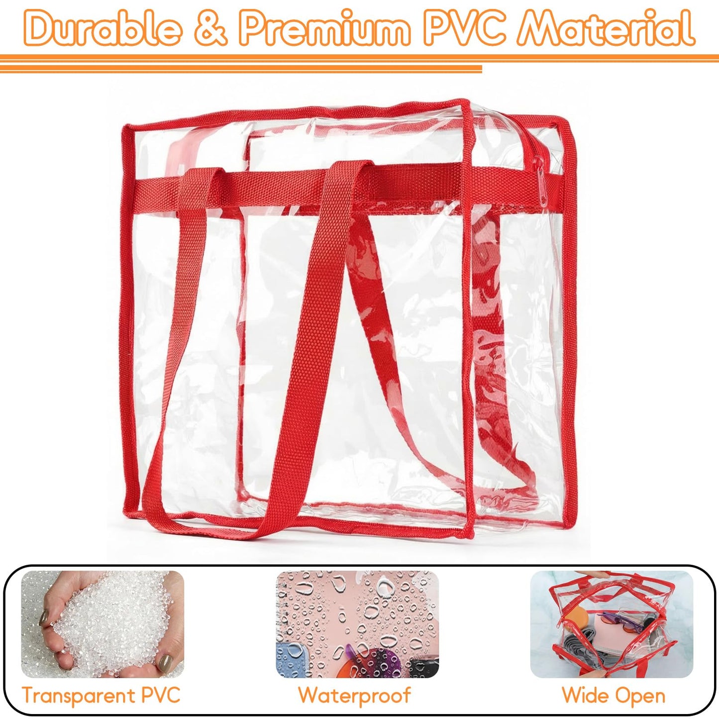 Hoiny Clear Bag for Stadium Events Approved, 12x6x12 Large Transparent Tote Bag with Zipper for Gym Concert Sports Festivals (Red)