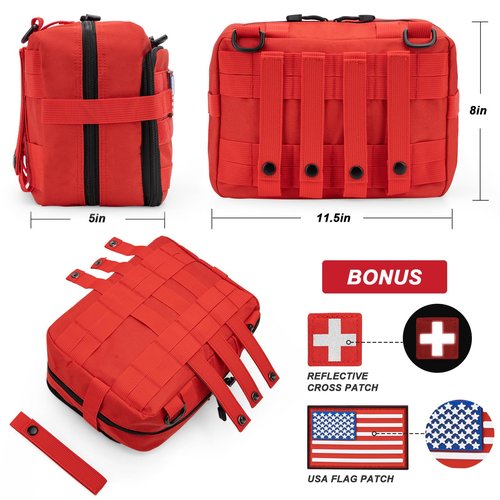 Jueachy First Aid Pouch - Molle Tactical Medical IFAK EMT Pouch - Large Capacity - Includes Flag & Cross Patch - Red