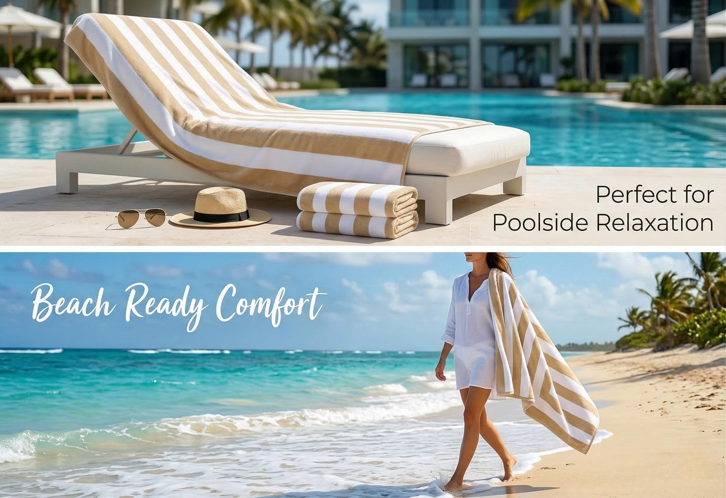 9Threads Premium Velour Cabana Beach Towel 2 Pack, 30” x 60” Soft Plush Cotton Pool Towel, Absorbent Quick Dry Towel for Beach and Pool (White Beige)