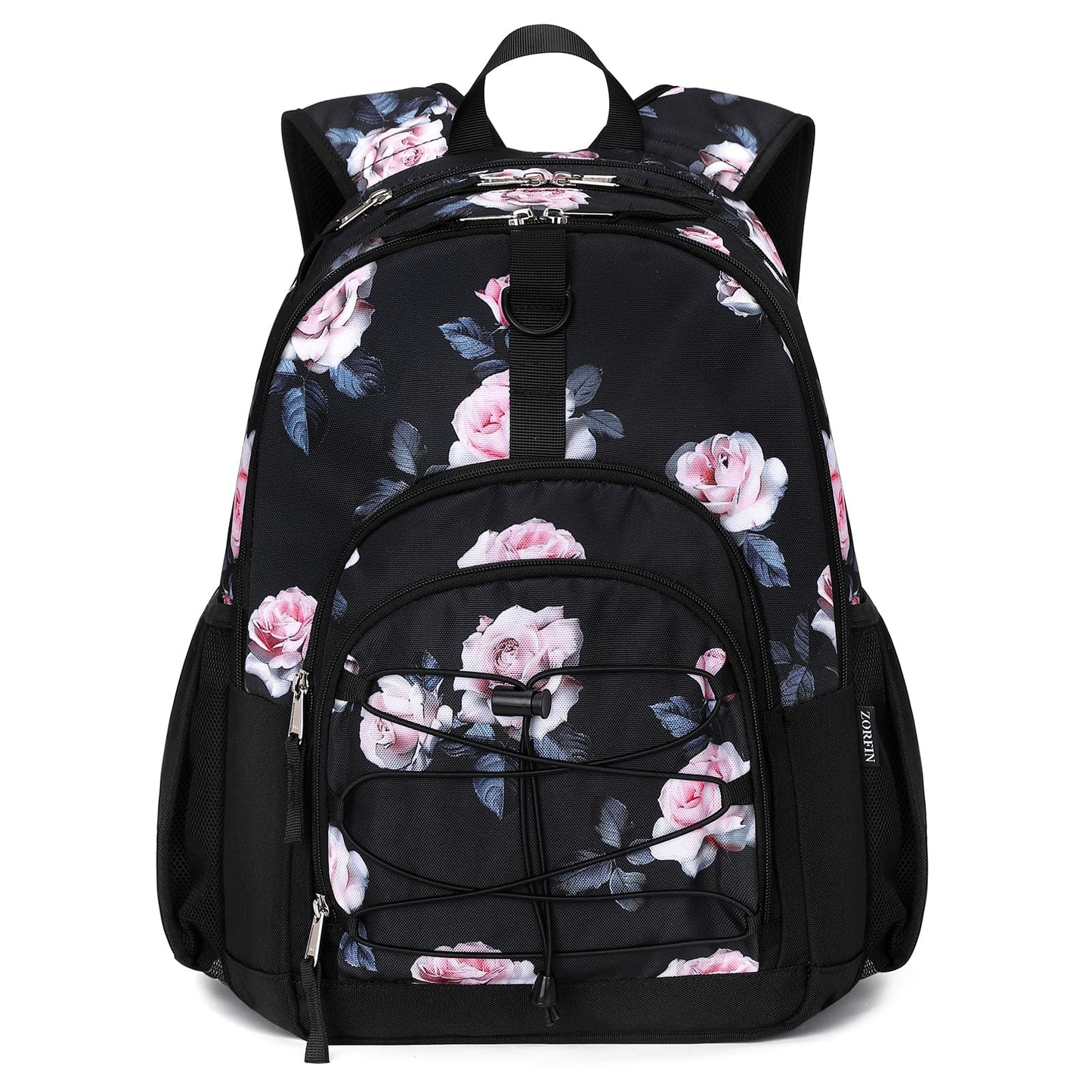 ZORFIN Backpack for School, Travel: Bookbag for Girls Boys - Kids Backpack with Multi Compartments - Rose Black