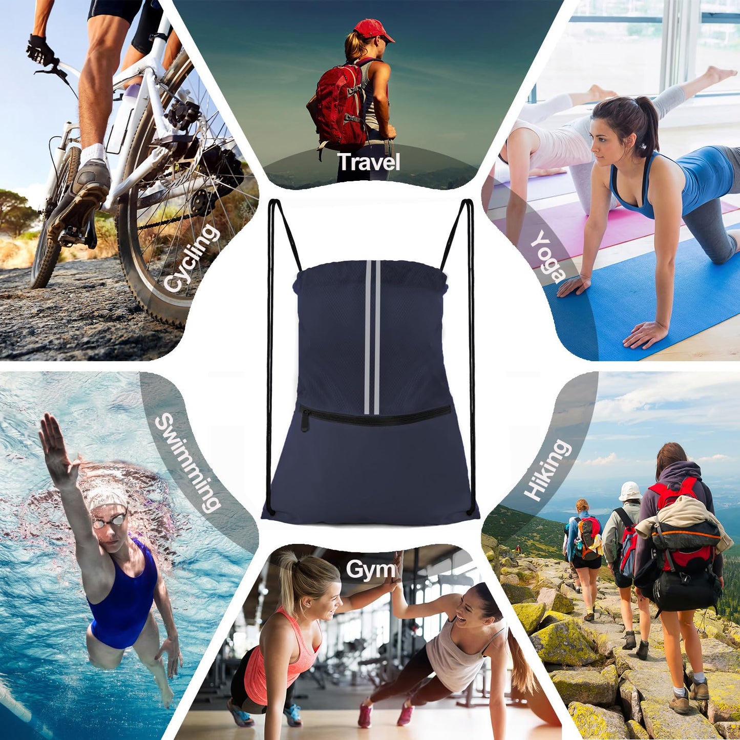 JOYNYON Drawstring Backpack Large Sports Draw String Bag for Men and Women (Navy Blue)