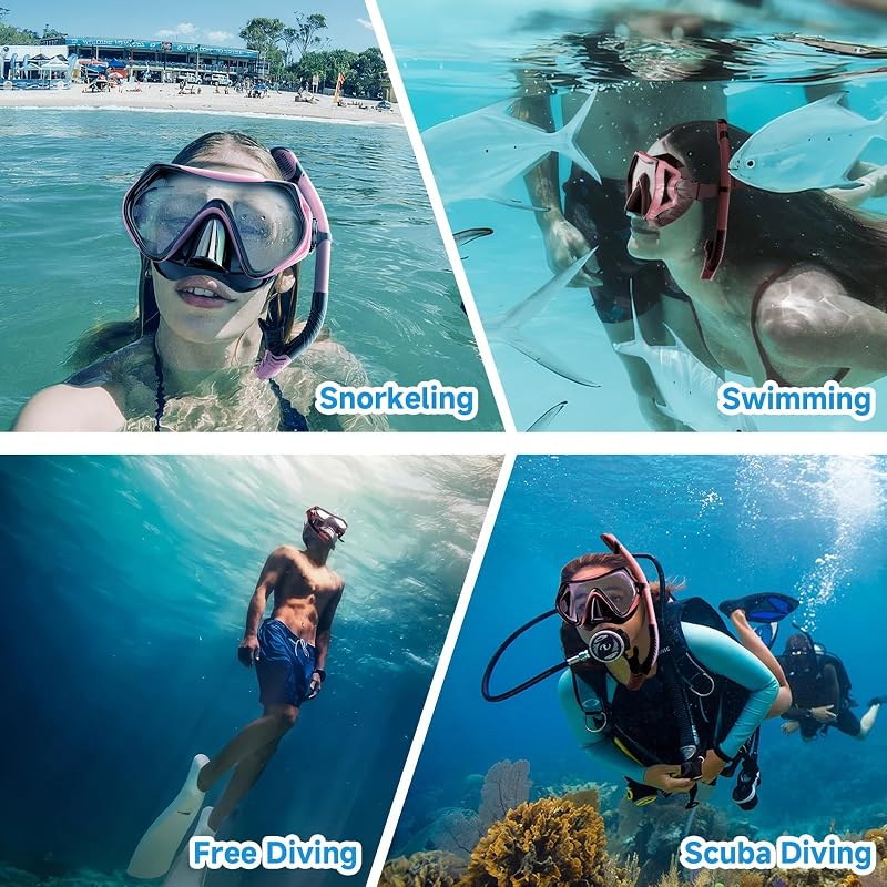 Qheng 180° Panoramic Snorkeling Mask & Dry Top Snorkel Set - Black+Pink