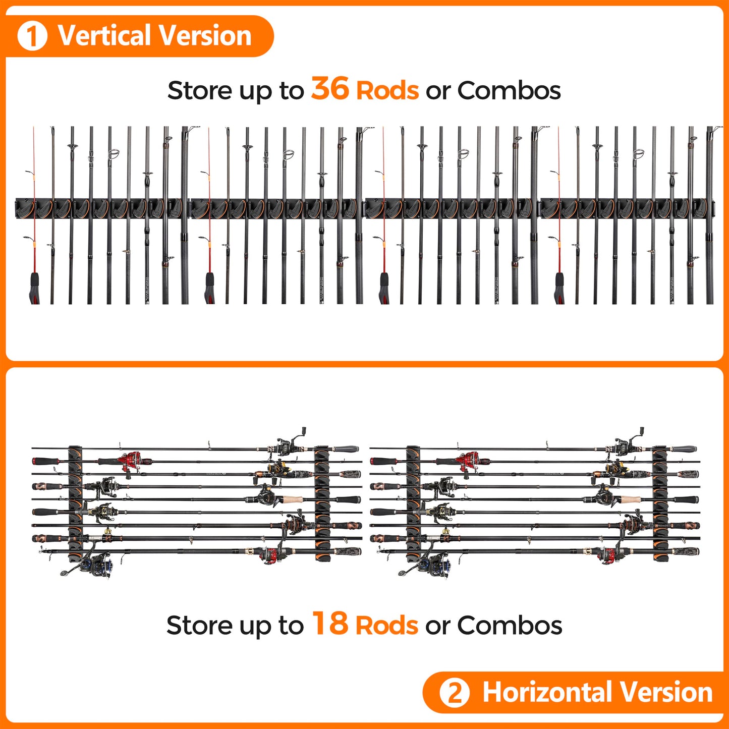 PLUSINNO V9 Vertical Fishing Rod Holders, Wall Mount 4-Pack - Holds 36 Rods, Diameter 3-19mm
