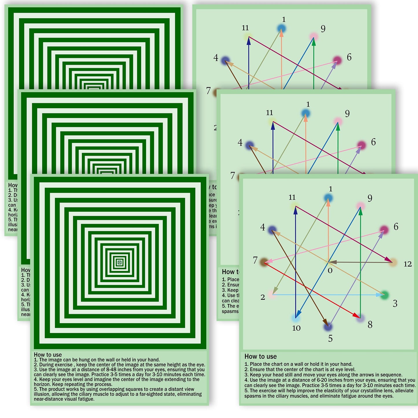 SADIKALO 6-Pack Eye Exercise Chart - Visual Muscle Relaxation Wall Art for Home, School, & Office - Waterproof Posters & Desk Signs