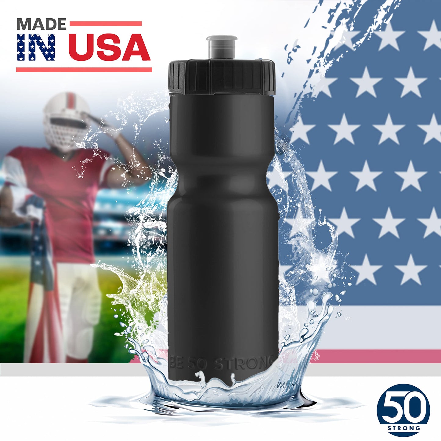 50 Strong | Sports & Bike Squeeze Water Bottles, 2-Pack, 22 oz, Black