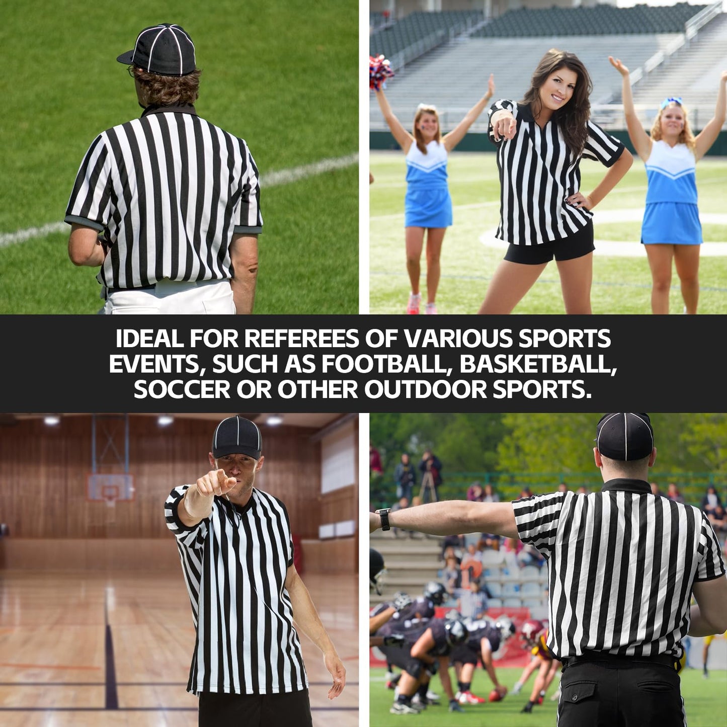 Referee Shirt for Men & Women, 4-Piece Ref Uniform Set with Zipper Collar, Whistle, Hat & Penally Flag for Football & Soccer (Large)