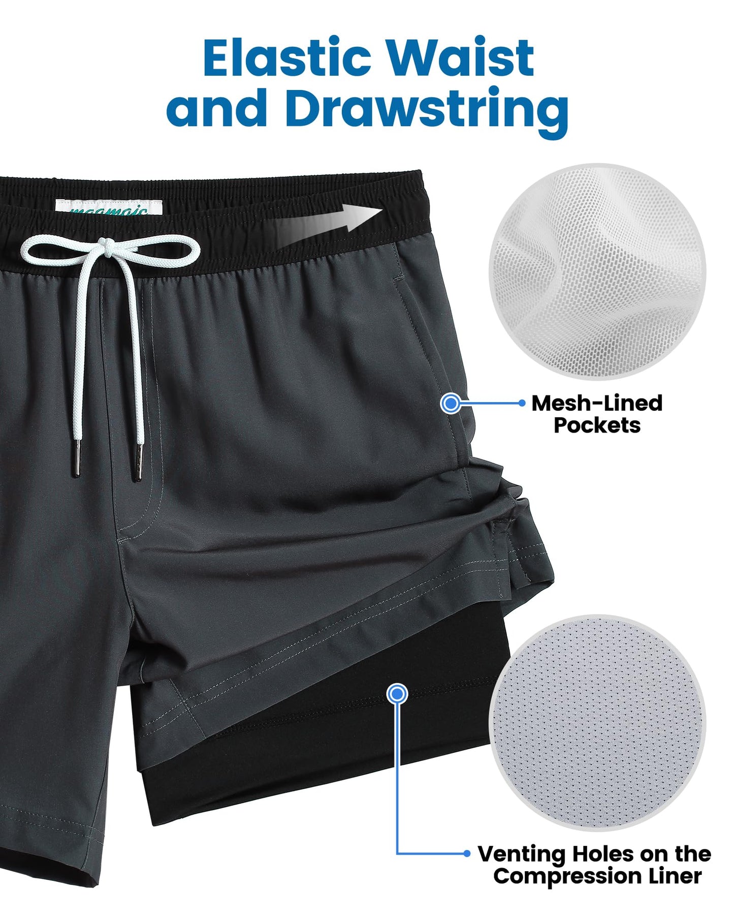 maamgic Mens Swim Trunks with Compression Liner 7 Inch Inseam Mens Bathing Suit Quick Dry Swimming Trunks Swimsuit Dark Grey and Black X-Large