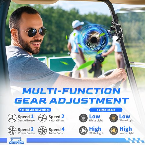 Rechargeable Golf Cart Fan, 12000mAh Stroller Fans, Adjustable 4 Speeds, LED Light, Power Bank, 360° Rotation, Portable Clip on Fans with Flexible Tripod for Club Car EZGO YAMAHA (1PCS Golf Cart Fan)