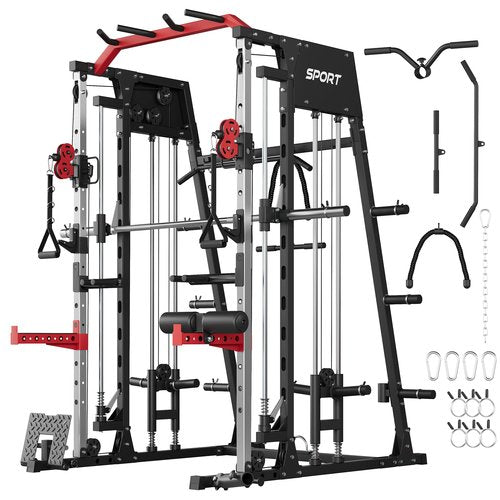 MIUUKA Smith Machine with Cable Crossover for Home Gym,2200lbs Multi-function Squat Rack Power Cage,All-in-One Fitness Equipment with LAT Pull-Down & Dual Pulley System & Leg Hold-Down Attachment, Red